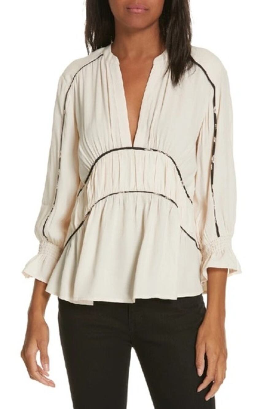 ba&sh Faro Cream Piped Trim V-Neck 3/4 Bell Sleeve Peplum Viscose Top Medium